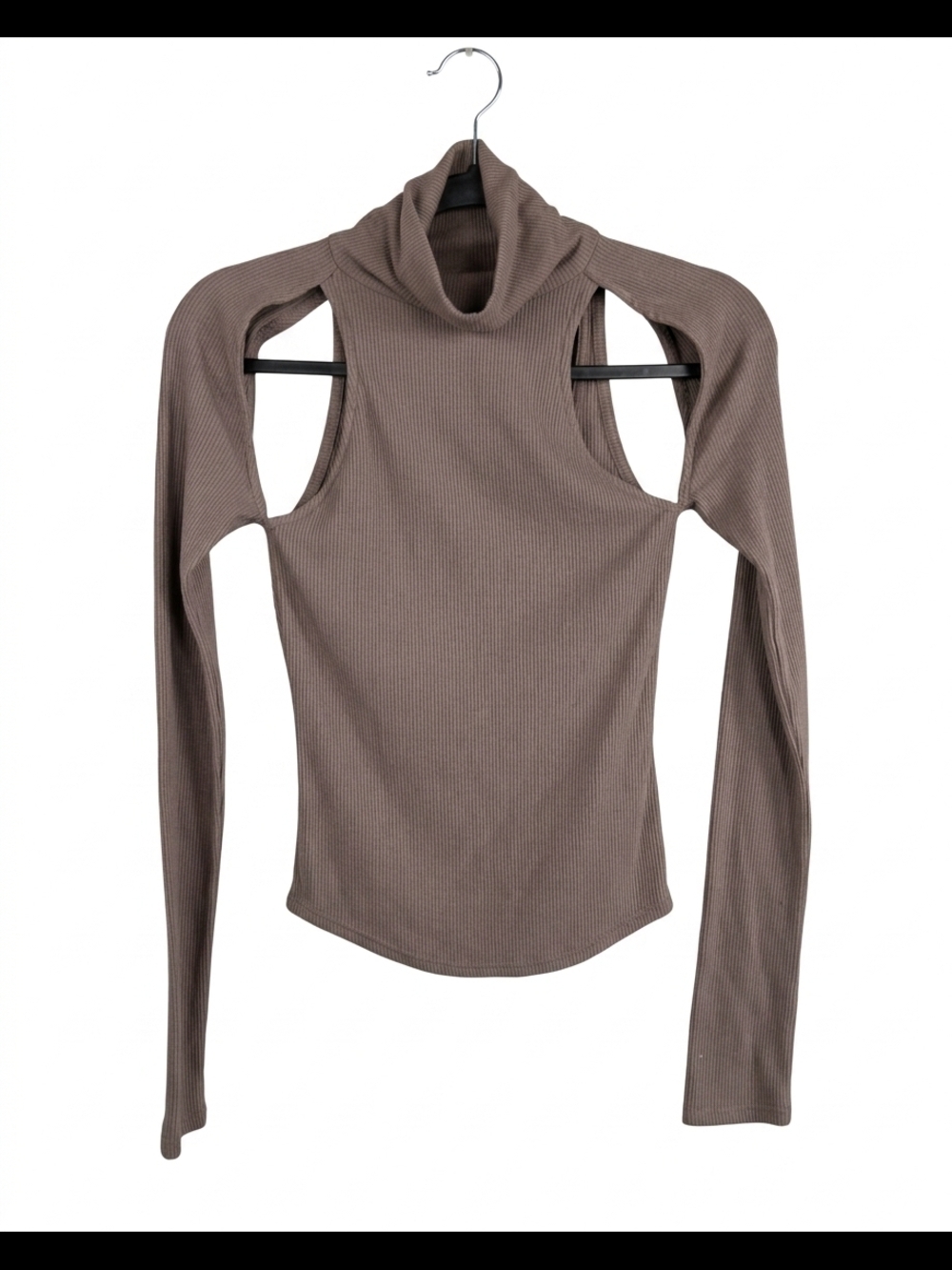 Free People Taupe Ribbed Cold-Shoulder Turtleneck Top